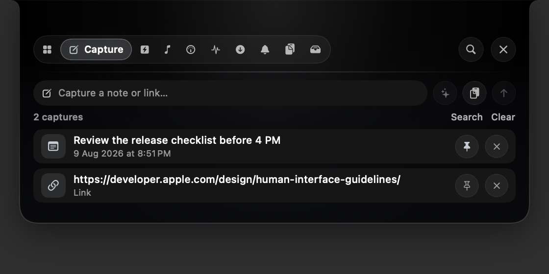 The real Bondex Notch Quick Capture panel with two saved captures