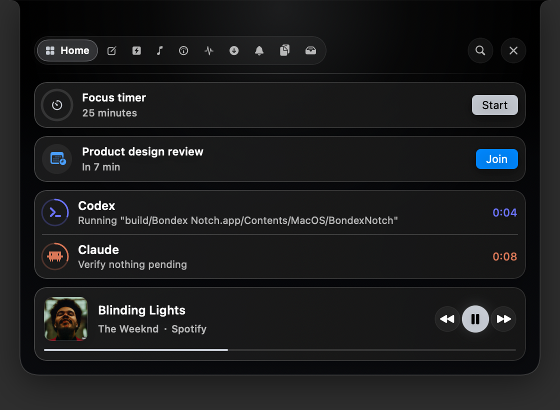 The real Bondex Notch Home panel showing focus, a meeting, coding agents and media