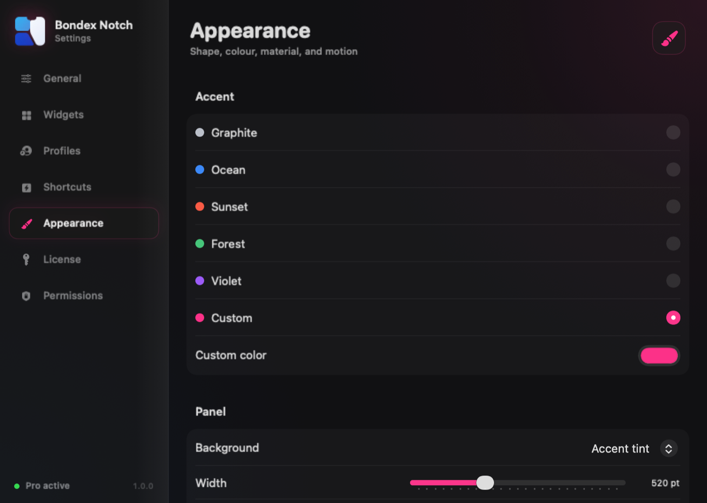The real Bondex Notch Appearance settings window