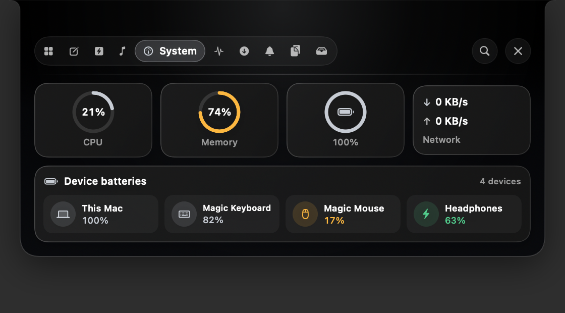 The real Bondex Notch system panel with CPU, memory, battery, network and device batteries